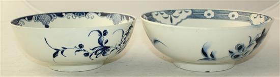 Two Worcester blue and white bowls, c.1780-5, 19.5cm, shallow rim chips